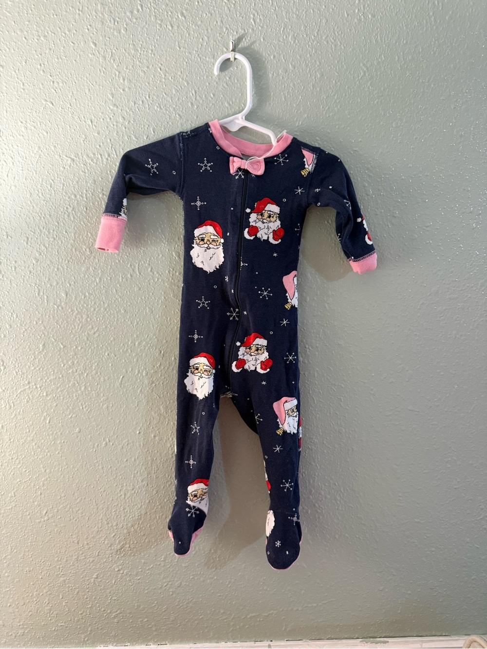 The Beaufort Bonnet Company Navy Santa Print Footed One-Piece with Pink Trim